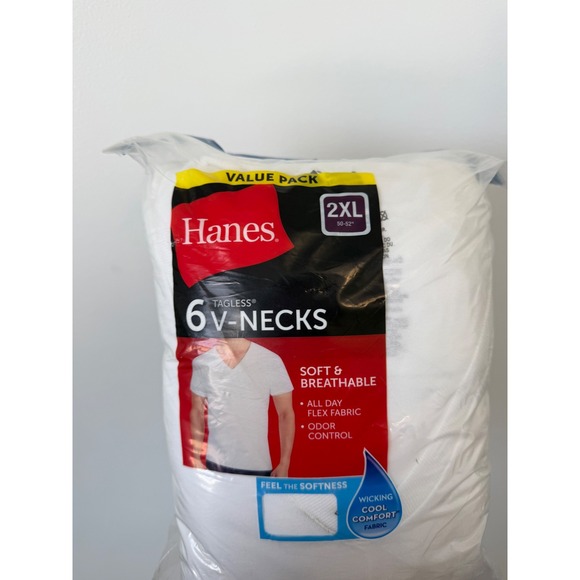 Hanes Men's 6-Pack V-Neck T-Shirts – White – Size 2XL – New in Package - Picture 2 of 3
